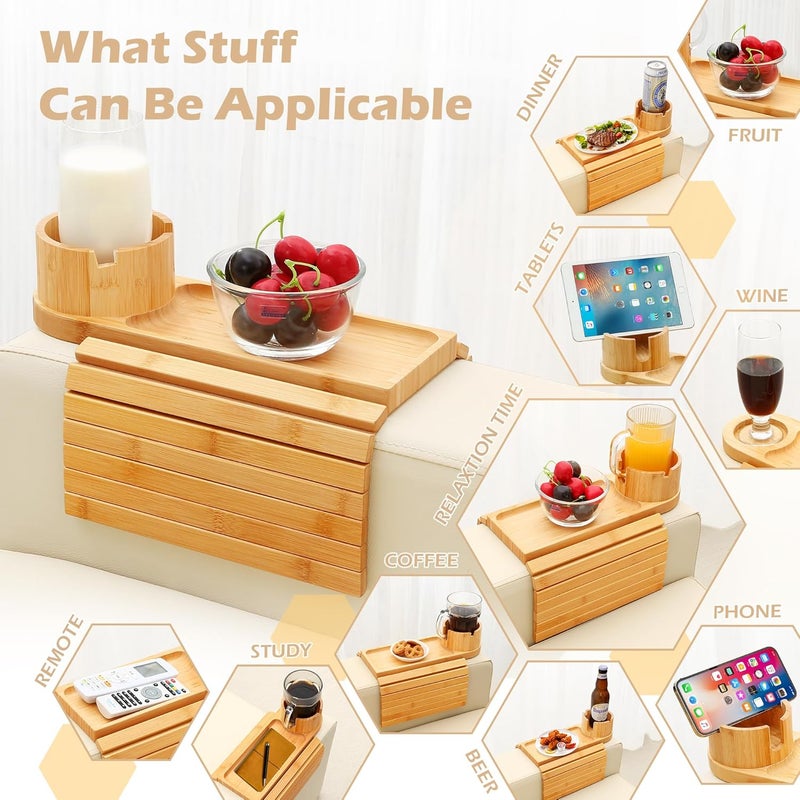 BAMTRAY Couch Cup Holder Tray, 15.75" Bamboo Cup Holder for Couch, 3 in 1 Foldable Arm Chair Clip on Side Tray Table for Remote Snack Table on Armrest - Image 3